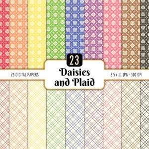 May include: A collection of 23 digital papers featuring daisy and plaid patterns in various colors. The top row showcases daisy patterns in red, orange, yellow, green, blue, purple, pink, brown, and black. The bottom row displays plaid patterns.