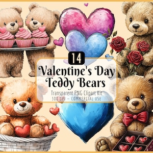 Valentinstag Teddybären Clipart Bundle | Niedliche Teddybär Aquarell PNG Grafiken, Valentinstag Liebestag, Herzen, Rosen, Pralinen