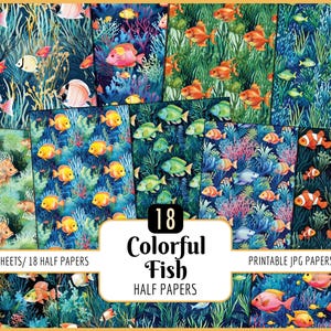 Colorful Fish Half Papers: Ocean Life, Tropical, Junk Journal Printable (JPG Download)