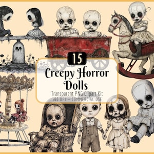 Gruseliges Horror Puppen Clipart Kit | Spukpuppe, unheimlich, beängstigend, gruselige Halloween-Grafik, gruselige Babys, sofortiger PNG Download, kommerzielle Nutzung