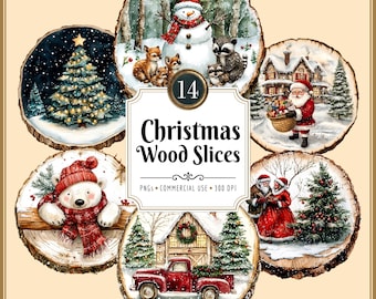 Kit di clipart con scene natalizie in legno / Vacanze rustiche, festive, inverno, Babbo Natale, foresta innevata, download PNG immediato, uso commerciale