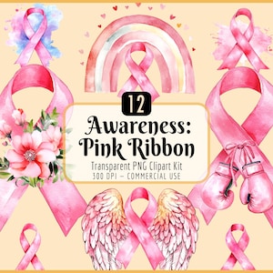 Sensibilisation : kit de cliparts avec ruban rose | Sensibilisation au cancer du sein, rose, octobre, survivante, guerrière, téléchargement PNG instantané, usage commercial