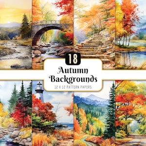 Watercolor Autumn Backgrounds: Digital Paper Pack, Fall Landscapes Colorful Foliage (PNG Download)