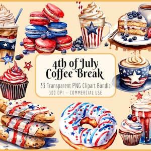 Pacote de clipart de pausa para café de 4 de julho I Aquarela, Patriótico, Cappuccino, Latte, Cold Brew, Doces, Download instantâneo de PNG, Uso comercial