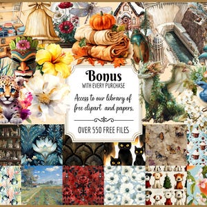 This card tells customers that we offer a bonus with purchase - access to our freebie library with over 550 files of clipart and pattern papers.