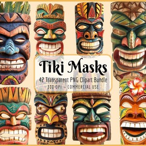 Tiki-maskers clipartbundel I exotische, gesneden houtstijl, Polynesische luau, Hawaïaans, tribale totemidool, instant png-download, commercieel gebruik