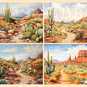 Four of our Watercolor Desert backgrounds; includes landscapes with various types of cactus, mountains, rock formations, and blue skies, all showcasing the beauty of the United States Southwest desert.
