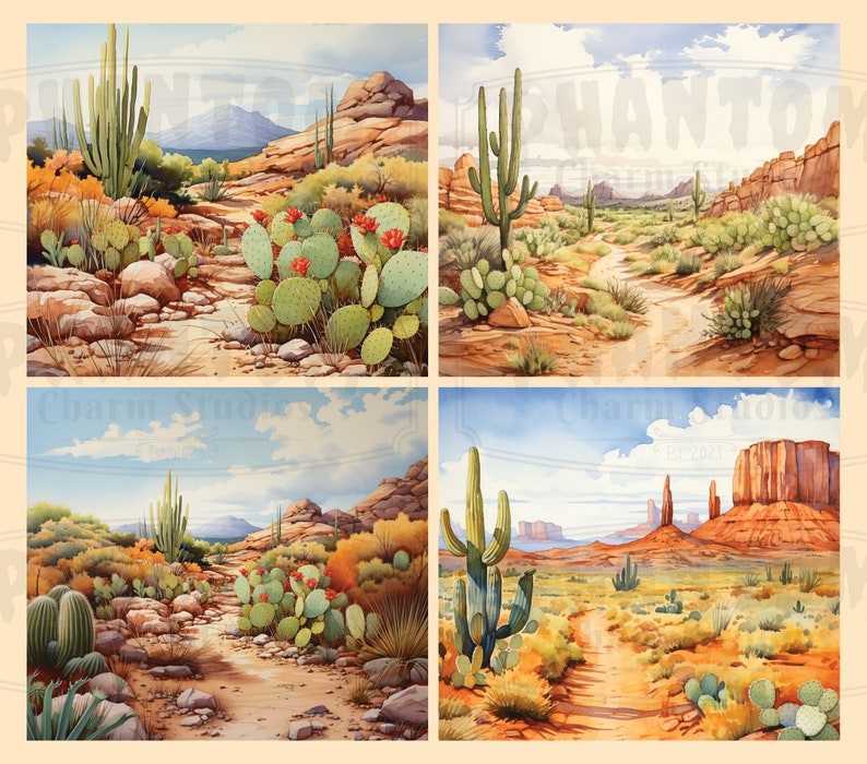 Four of our Watercolor Desert backgrounds; includes landscapes with various types of cactus, mountains, rock formations, and blue skies, all showcasing the beauty of the United States Southwest desert.
