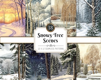 Snowy Tree Scenes Digital Paper Pack | Winter, Landscapes, Snowing Forest, Snowy Woodland, Backgrounds, Instant PNG Download, Commercial Use