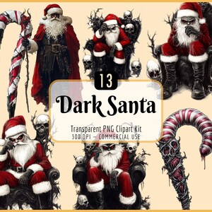Clipartkit donkere kerstman | Gothic Xmas, griezelige kerst, spookachtige vakantie, edgy grunge kerstman, instant png-download, commercieel gebruik