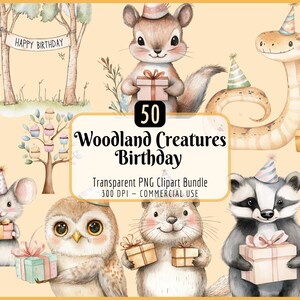 Paquete de imágenes prediseñadas de cumpleaños de criaturas del bosque / Animales del bosque, Fiesta infantil, Celebración, Zorro, Conejito, Ratón, Descarga instantánea PNG, Uso comercial