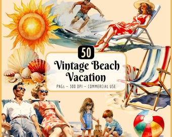 ヴィンテージビーチバケーションクリップアート：1950年代のレトロな夏休み（PNGダウンロード）