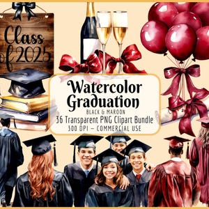 Aquarell Graduierung Clipart Bündel I schwarz Kastanienbraun, graduierte, Diplom, Kappe Kleid Robe, ältere Mädchen, Jungen, sofortiger PNG Download, kommerzielle Nutzung