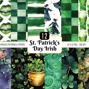 Paquete de patrones sin costuras del Día de San Patricio / Paquete de papel digital, acuarela, trébol irlandés de la suerte, descarga PNG instantánea, uso comercial