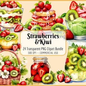 Lot de cliparts fraises et kiwis | Aquarelle de nourriture, été, Desserts Smoothie, Stands de fruits, Carte de recette, Téléchargement PNG instantané, Usage commercial