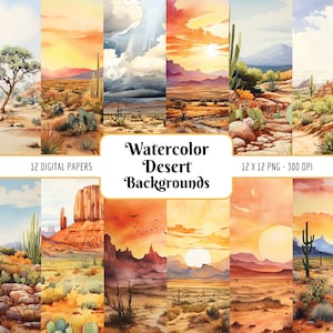Fundos de Deserto em Aquarela | Paisagem de Cânion do Sudoeste em Tons Naturais, Boho, Fundo de Oeste Selvagem, Cacto, Download Instantâneo, Uso Comercial