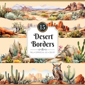 Aquarel woestijnranden clipartbundel I landschap, natuurlijke tinten, westerse landschappen, cactus, vetplanten, instant download, commercieel gebruik