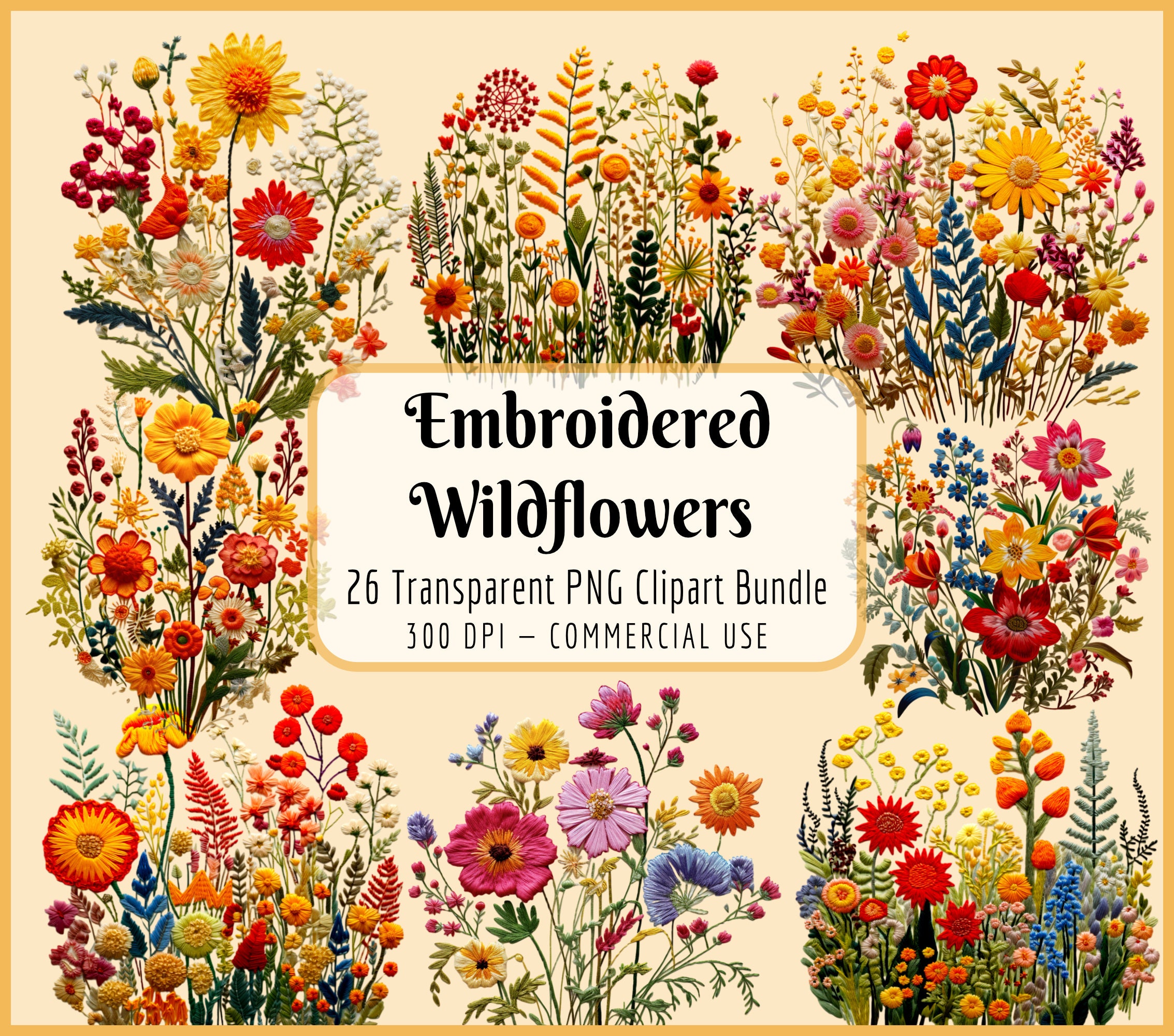 Gestickte Wildblumen Clipart Bundle | Frühlings-Sommerhochzeit, wilde Blumen, Blumenstrauß, künstliche Textur, sofortiger PNG-Download, kommerzielle Nutzung