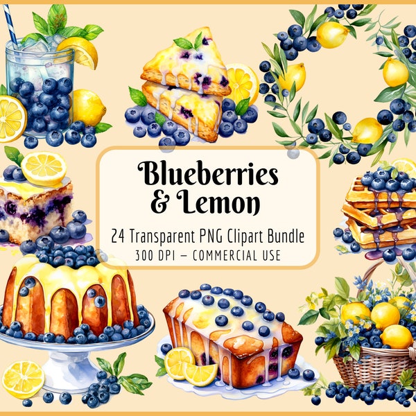 Blueberry Lemon Clipart Bundle | Watercolor Food Dessert PNG Fruit Graphics Menu Recipe Card Clipart Summer Cakes, Instant Digital Download