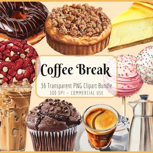 Coffee Break Clipart Bundle I Bebidas de café gelado, Cappuccino Espresso, Grãos de café, Lanches, Muffins, Download instantâneo de PNG, Uso comercial