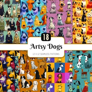 May include: A collection of 18 "Artsy Dogs" 12 x 12 seamless patterns. The patterns feature various dog breeds in colorful, artistic styles. The image includes a variety of dog illustrations, with a text overlay that reads "18 Artsy Dogs 12 x 12 Seamless Patterns."