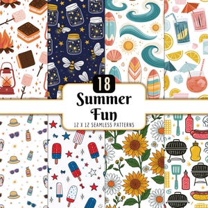May include: A digital collection of 18 Summer Fun 12 x 12 seamless patterns featuring illustrations of campfires, s'mores, fireflies in jars, surfboards, ocean waves, tropical drinks, sunglasses, flip-flops, popsicles, sunflowers, and barbecue grills.