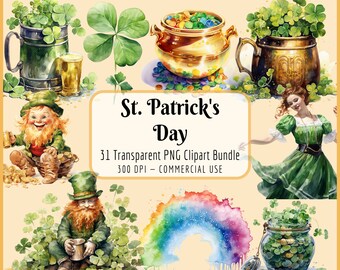 St Patricks Day Clipart Bundle | Leprechaun Clipart Irish Dancer Rainbow Pot of Gold 4-Leaf Clover, Instant Digital Download, Commercial Use