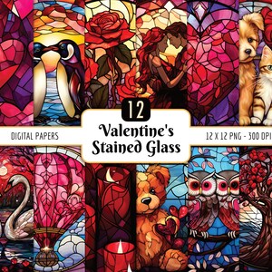 Vitrail Saint-Valentin | Paquet de papier numérique, arrière-plans romantiques, amoureux, coeurs, roses, hiboux, téléchargement PNG instantané, usage commercial