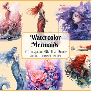 Aquarell Meerjungfrau Clipart Bundle | Unter dem Meer, Ozean, Sirene, magisches Märchen, Seestern, Muscheln, sofortiger PNG-Download Kommerzielle Nutzung