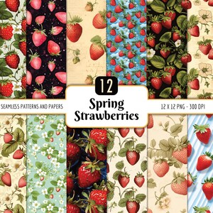 Spring Strawberries Seamless Patterns Bundle | Digital Paper Pack, Summer Picnic, Fruit Backgrounds, Instant PNG Download, Commercial Use