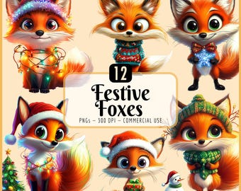 Festive Foxes Clipart: Quirky Christmas Holiday Animals (PNG Download)