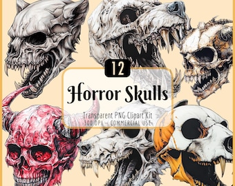Horror Skulls Clipart Kit – Creepy Skull, Werewolf, Vampire, Demon, Spooky Occult Wiccan, Dark Fantasy, Instant PNG Download, Commercial Use