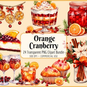 Orange Cranberry Clipart Bundle | Aquarell Obst, Weihnachtsdesserts, Menü Grafik, Rezeptkarten, Sofort PNG Download, Kommerzielle Nutzung