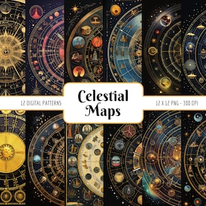 Celestial Maps digitaal papieren pakket | Astrologische grafieken, astronomie-astrologie, nachtelijke hemel, kosmisch symbool, Instant PNG-download, commercieel gebruik