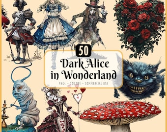 Dark Alice in Wonderland Clipart Bundle I Gothic Fantasy, Fairytale Adventure, Cheshire Cat Mad Hatter Queen of Hearts, Instant PNG Download