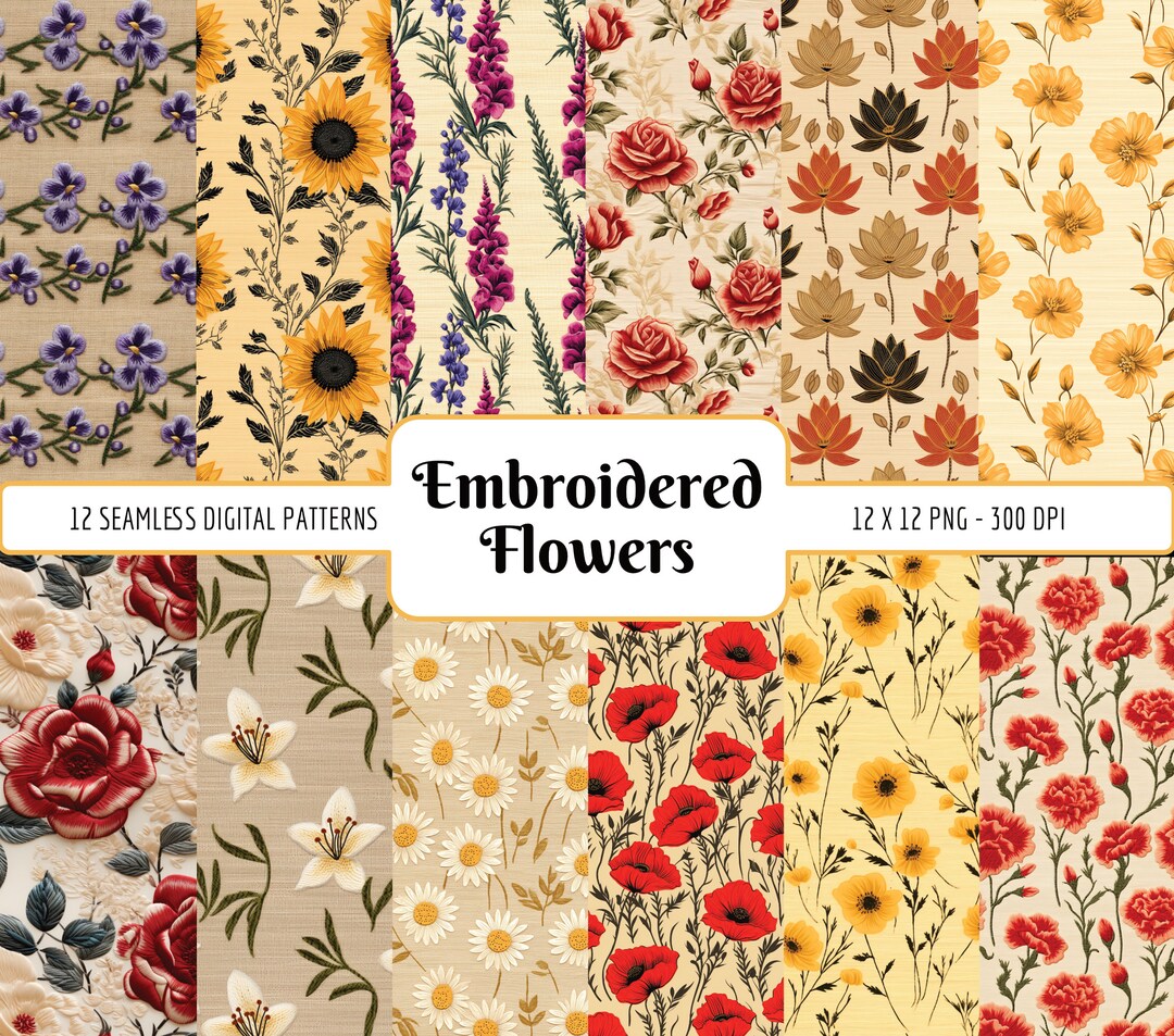 Embroidered Flowers Seamless Pattern Bundle | Digital Paper Pack ...