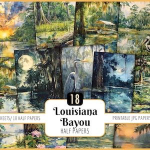 Louisiana Bayou halbe Papiere | Aquarell Südküste der USA Natur Junk Journal Page Kit Scrapbook Printable, Cypress Marsh Swamps Sonnenuntergang