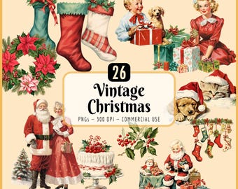 Pacchetto di clipart natalizie vintage / Decorazioni natalizie classiche, famiglia retrò, calze, ghirlande e regali, download PNG immediato, uso commerciale