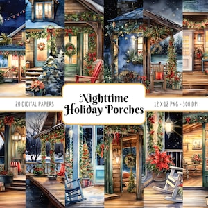 Pakiet papieru cyfrowego Nighttime Holiday Porches | Świąteczne sceny bożonarodzeniowe, drzwi wejściowe, przytulne tła, natychmiastowe pobieranie plików PNG, wykorzystanie komercyjne