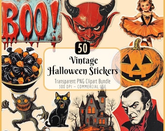 Vintage Halloween Stickers Clipart Bundle | Spooky, Retro Graphics, Pumpkin, Black Cat, Kids Costumes, Instant PNG Download, Commercial Use