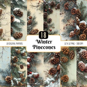 Pommes de pin d'hiver | Paquet de papier numérique, arrière-plans de branche de pin hiver rustique, pommes de pin enneigées, téléchargement PNG instantané, usage Commercial