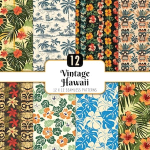 Paquete de patrones sin costuras vintage hawaianos / Paquete de papel digital con palmeras tropicales hawaianas retro, flores, tiki, verano, descarga PNG instantánea