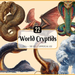 May include: Digital illustrations of various cryptids, including a cobra, elephant-like creature, and a yeti. The image features the text "22 World Cryptids" in a decorative font, with details about the file type and commercial use.
