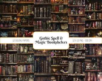 Gothic Zauber und Magie Bücherregale | Digital Paper Pack, Dark Fantasy Bibliothek, Hexerei, Hintergründe, sofortiger PNG Download, kommerzielle Nutzung