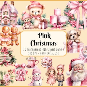 Lot de cliparts de Noël roses | Père Noël, bonhomme de neige, pastel doux des fêtes, guirlande de livres en pain d'épice, téléchargement PNG instantané, usage commercial