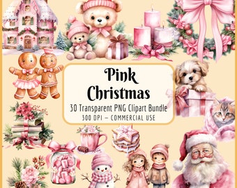 Pink Christmas Clipart Bundle | Santa Claus, Snowman, Soft Pastel Holiday, Wreath Books Gingerbread, Instant PNG Download, Commercial Use