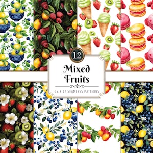 Mixed Fruits Seamless Patterns: Digital Paper Pack, Summer, Menu Recipe Card Graphics, Fruit Backgrounds, (PNG Download)