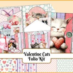 May include: A Valentine's Day folio kit with watercolour illustrations of cats, hearts, and envelopes. The kit includes a mailbox with a cat, a cat holding a heart, and kissing cats. The text "Valentine Cats Folio Kit" is displayed.