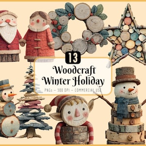 Może przedstawiać: Kolekcja drewnianych dekoracji na zimowe święta, w tym figurka Świętego Mikołaja, figurka kobiety, wieniec, gwiazda, bałwan, choinka i elf. Ozdoby wykonane są z drewna i mają rustykalny, ręcznie robiony wygląd.