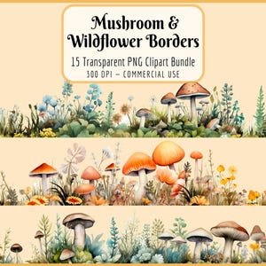 Champignons et fleurs sauvages bordures Clipart Bundle I aquarelle, champignons vénéneux, nature colorée, botanique, téléchargement PNG instantané, usage Commercial
